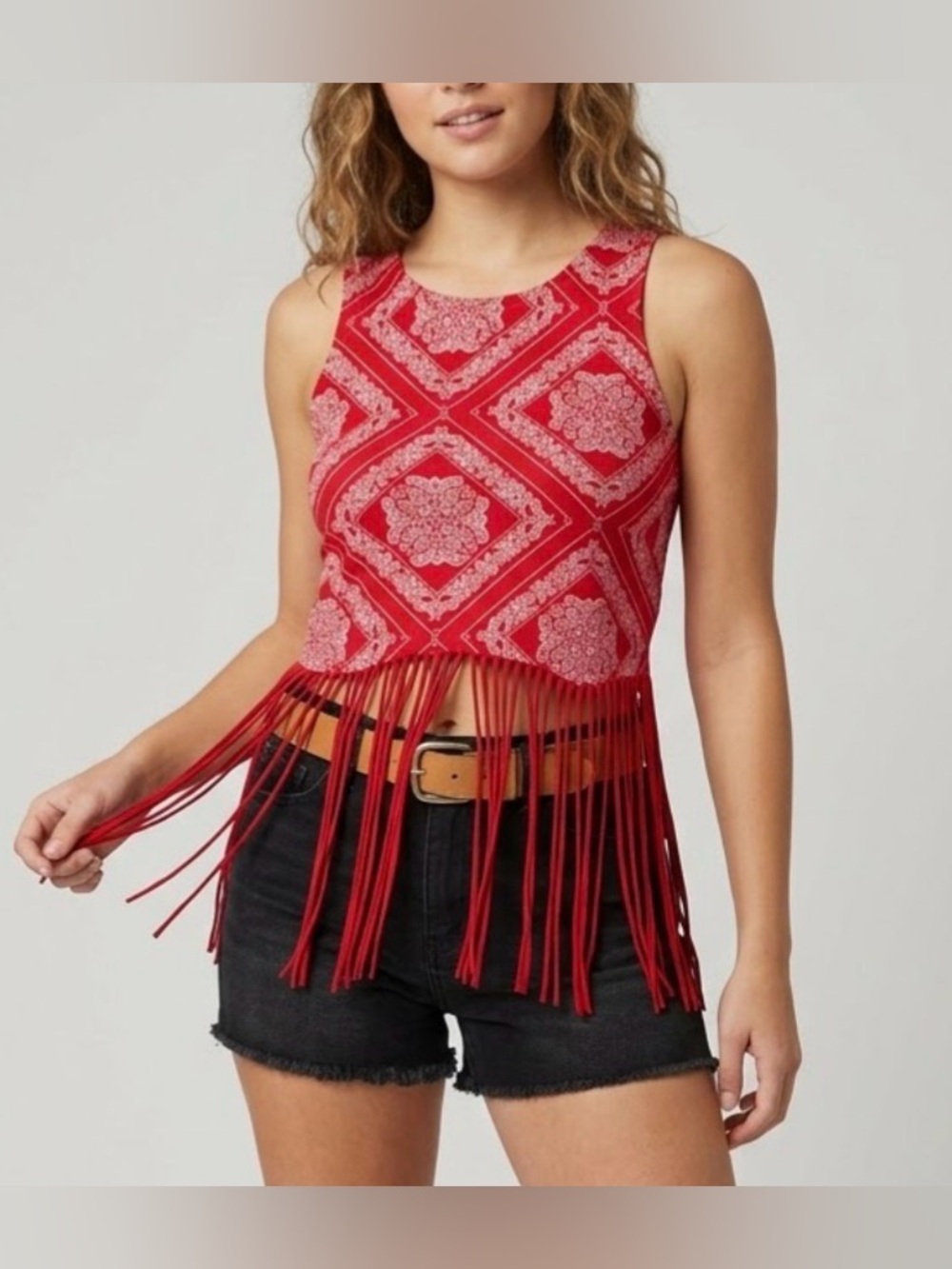 Rock & Roll Denim Red Bandana Fringe Tank Top Medium Western Paisley Crop